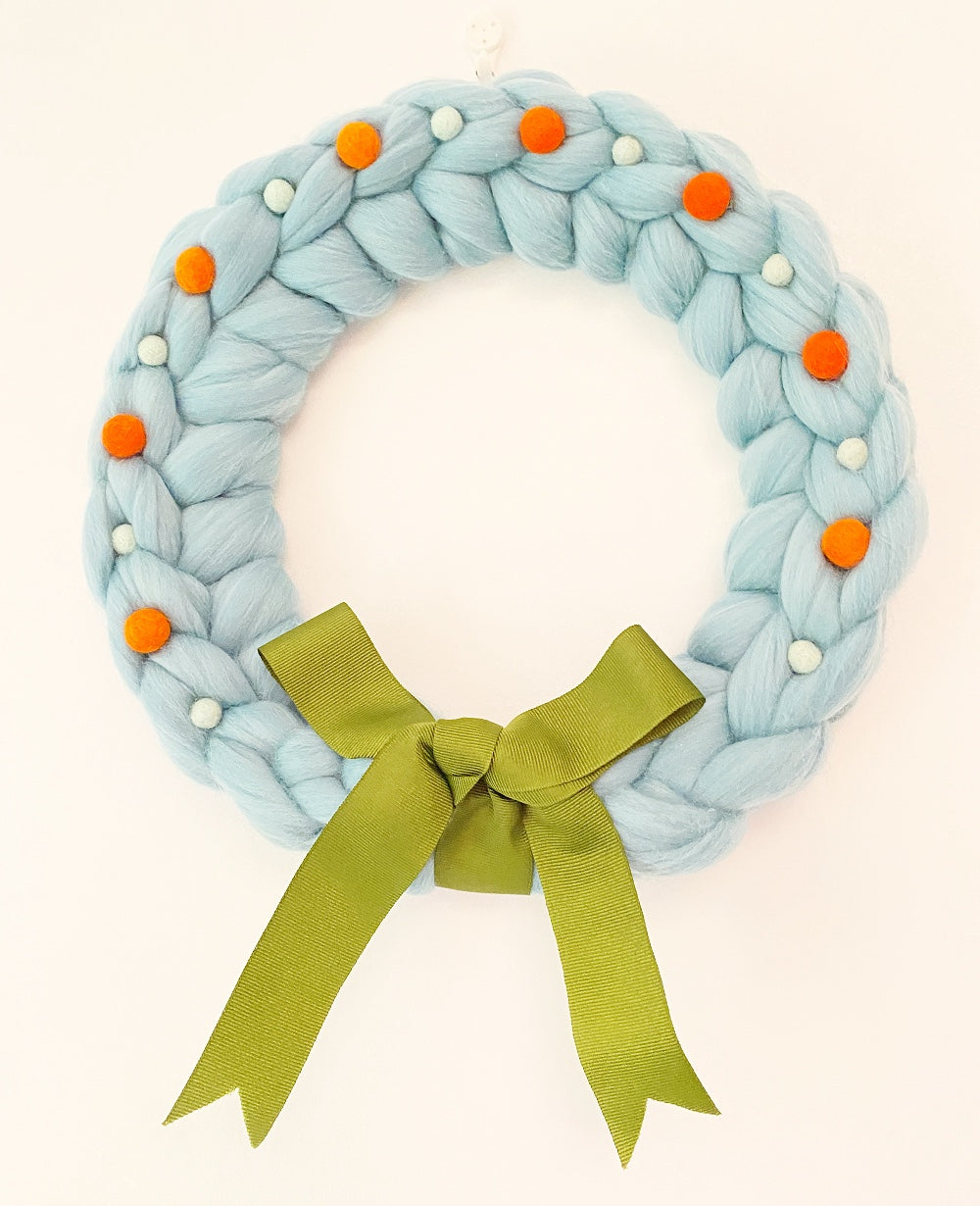 Large Turquoise Wreath with Orange Wool Balls