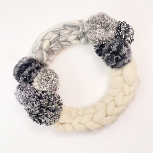 Large Grey & Natural Wreath with Pom Pom's