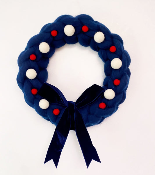 Large Navy Wreath with Red & White wool balls