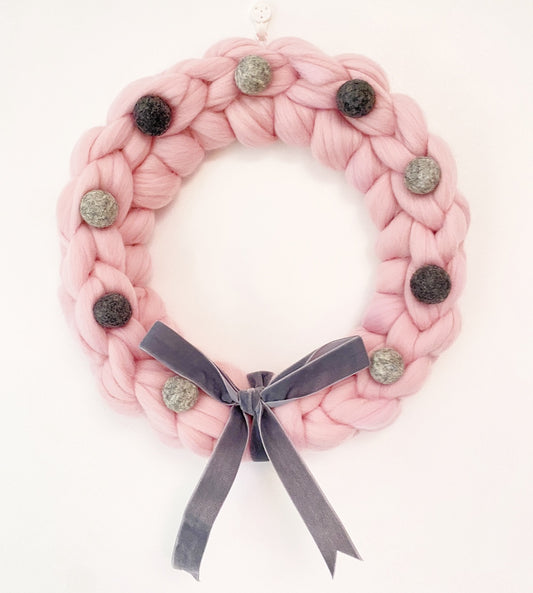 Large Pink Wreath with Grey Wool Balls