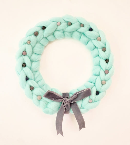 Large Turquoise Wreath with Grey Wool Balls