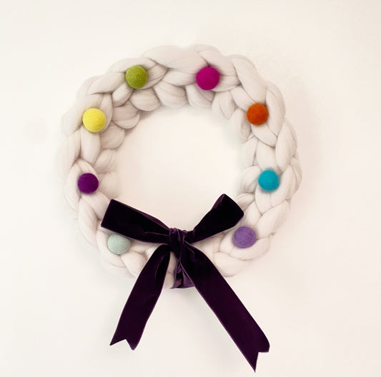 Large Natural Wreath with Bright Wool Balls