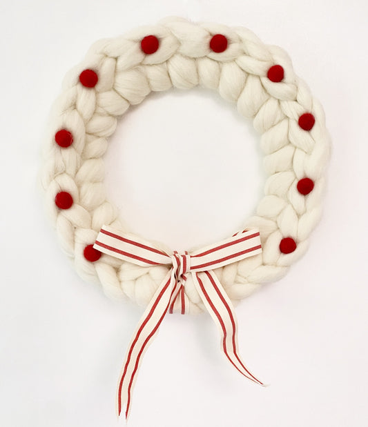 Large Natural Wreath with Red Wool Balls