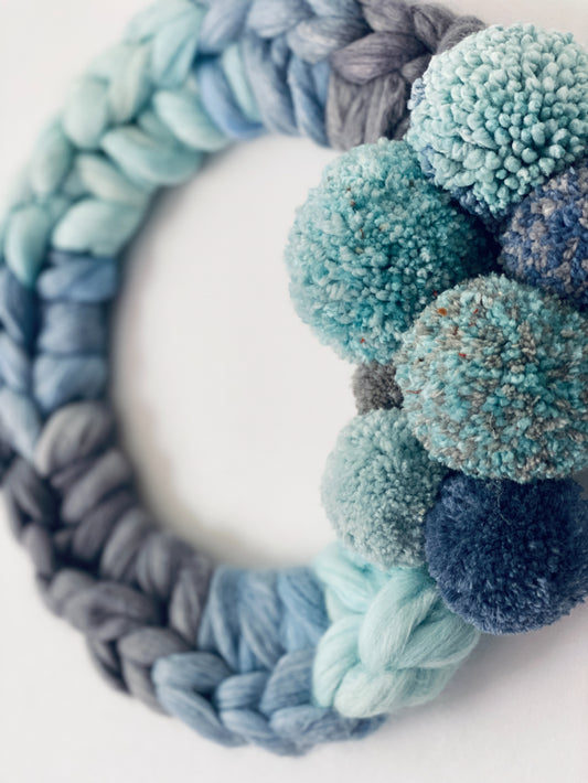 Large Blue Mix Wreath with Pom Poms