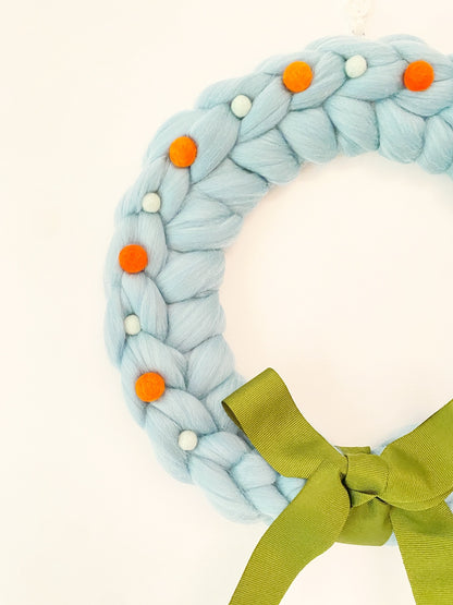 Large Turquoise Wreath with Orange Wool Balls