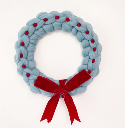 Large Blue Wreath with Red Wool Balls
