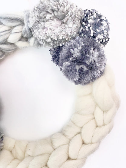 Large Grey & Natural Wreath with Pom Pom's