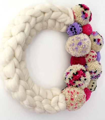 Large Natural Wreath with Spotty Pom Poms