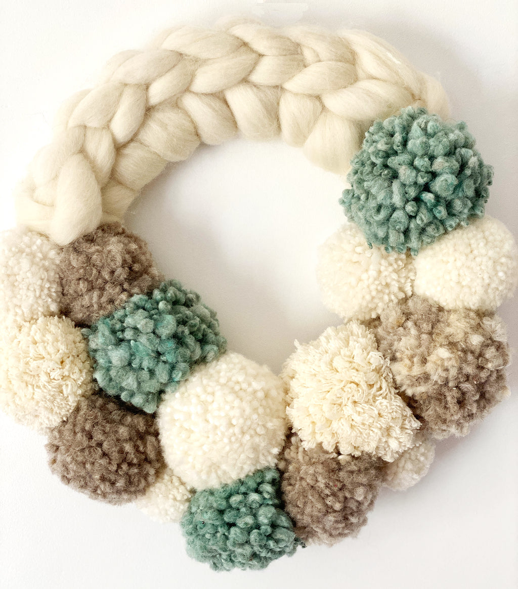 Large Natural Wreath with Eggshell Blue Pom Pom's