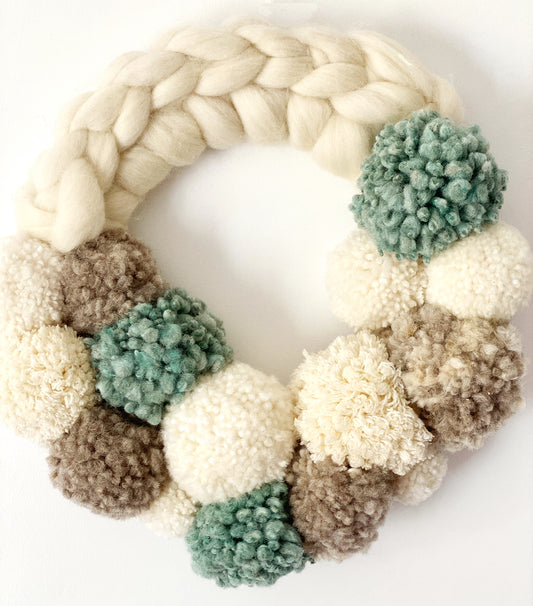 Large Natural Wreath with Eggshell Blue Pom Pom's