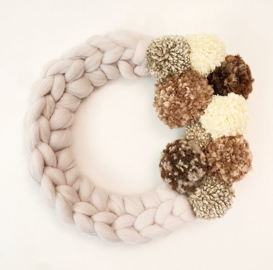 Large Natural Wreath with Brown and Cream Pom Pom's