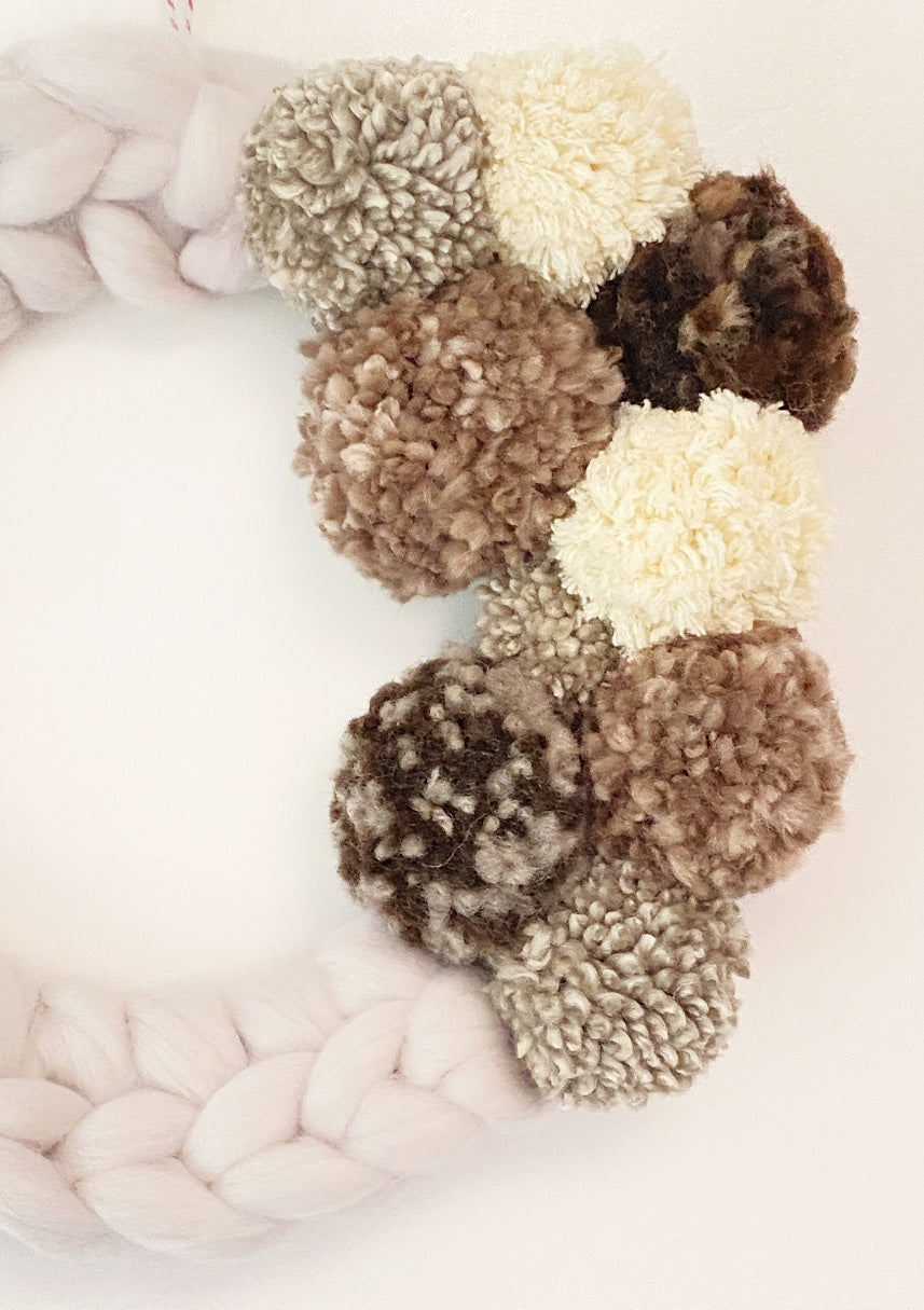 Large Natural Wreath with Brown and Cream Pom Pom's