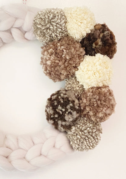 Large Natural Wreath with Brown and Cream Pom Pom's