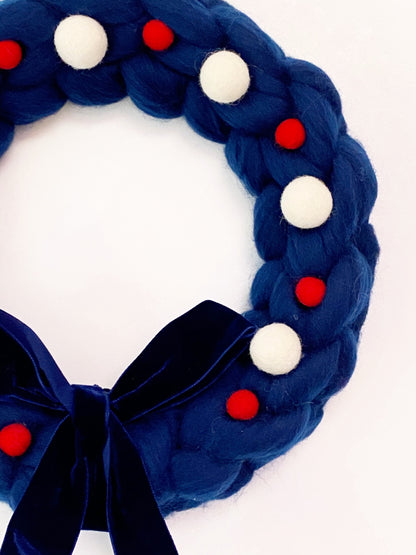 Large Navy Wreath with  Red & White wool balls
