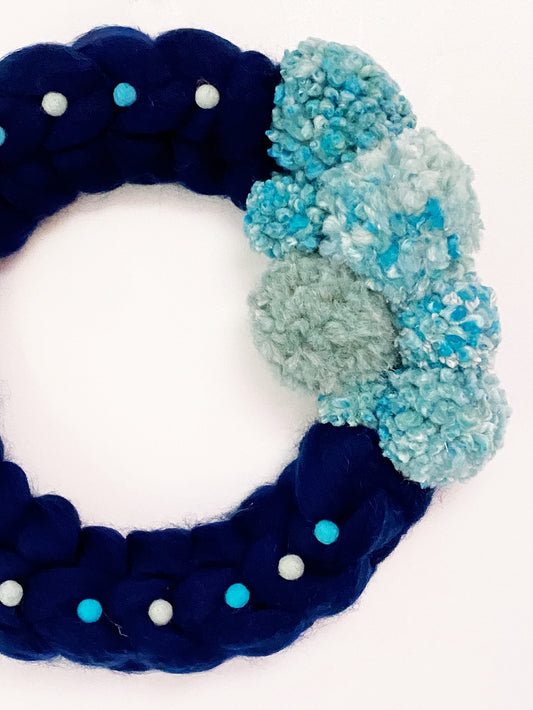 Large Navy Wreath with Turquoise Pom Pom's