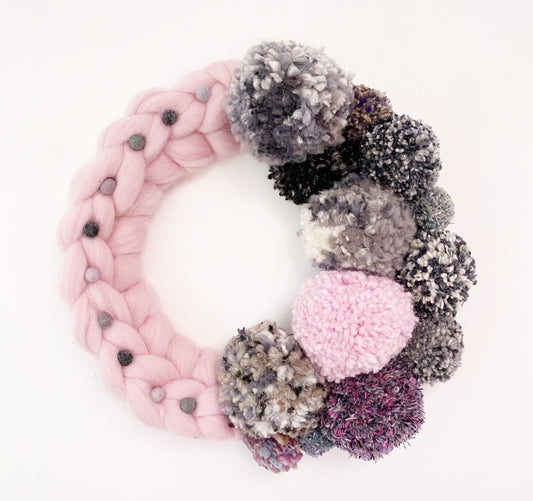 Large Pink Wreath with Grey Pom Pom's