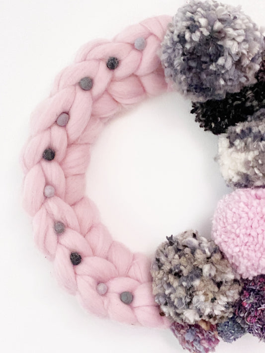 Large Pink Wreath with Grey Pom Pom's