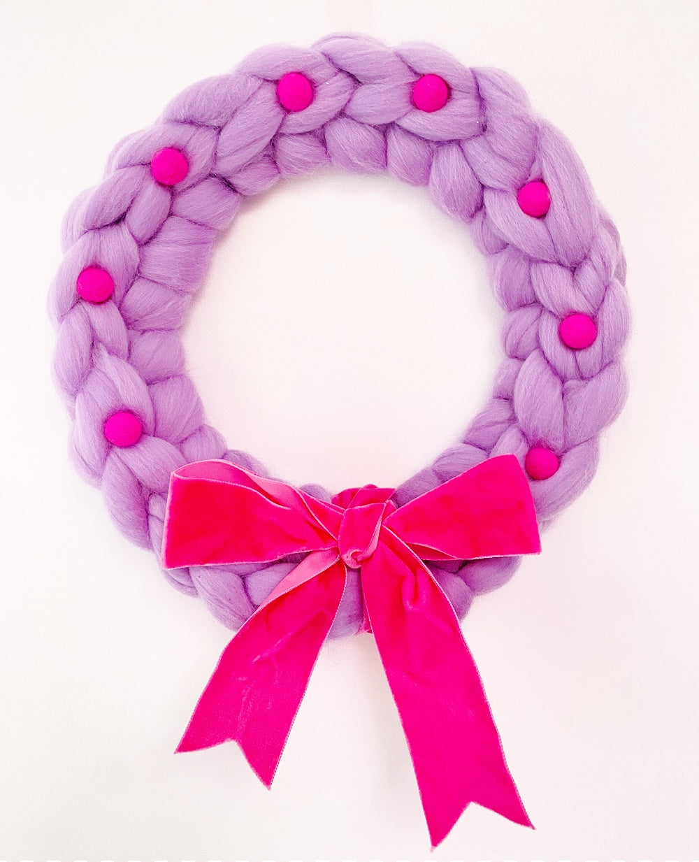 Large Purple Wreath with Neon Pink Wool Balls