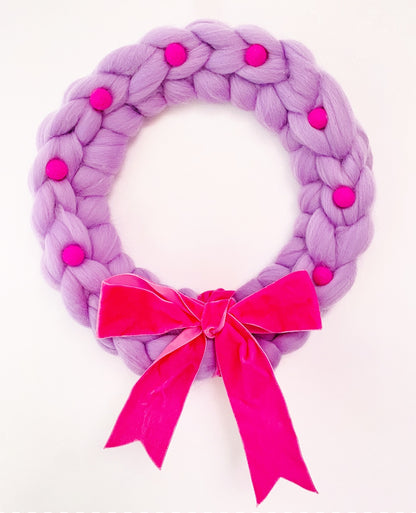 Large Purple Wreath with Neon Pink Wool Balls