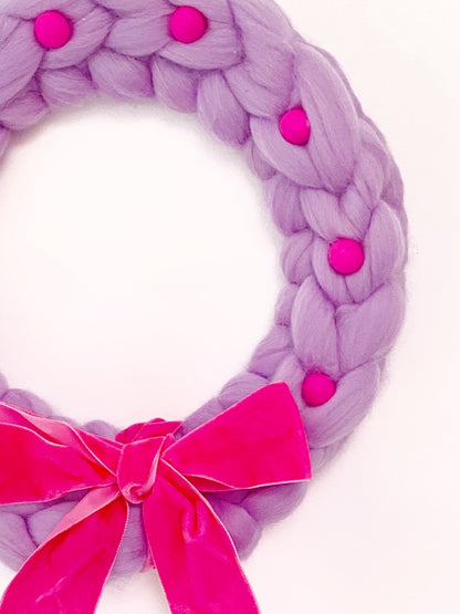 Large Purple Wreath with Neon Pink Wool Balls