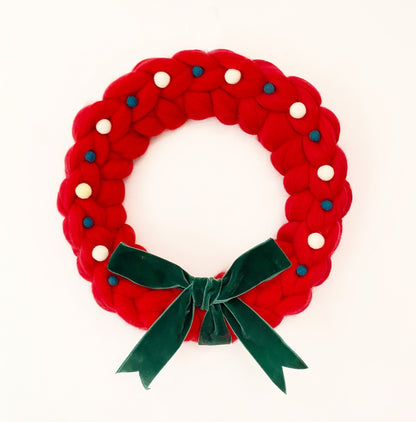 Large Red Wreath with Green and White Wool Balls