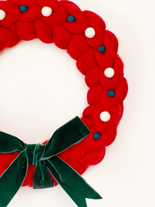 Large Red Wreath with Green and White Wool Balls