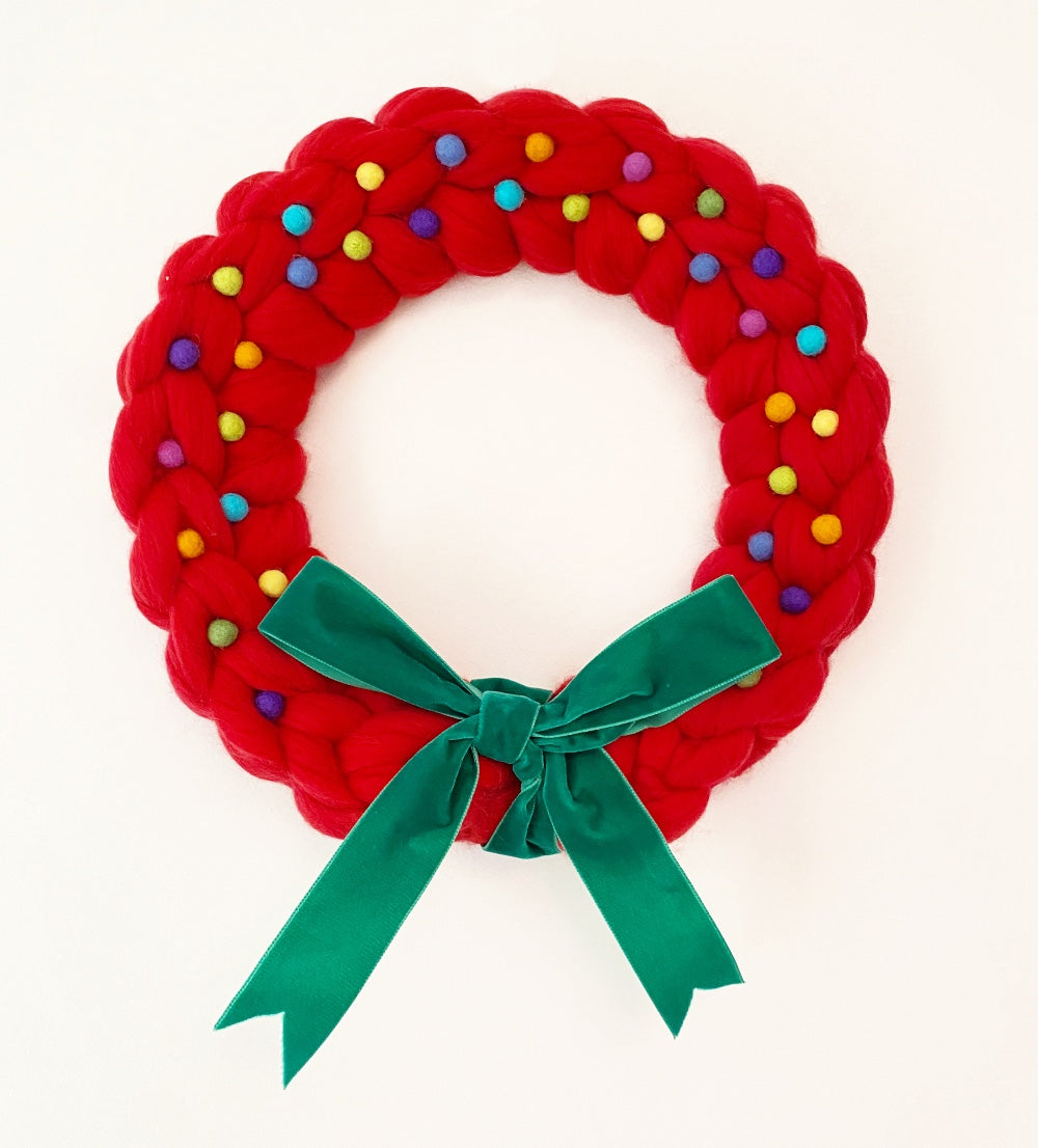 Large Red Wreath with Bright Wool Balls