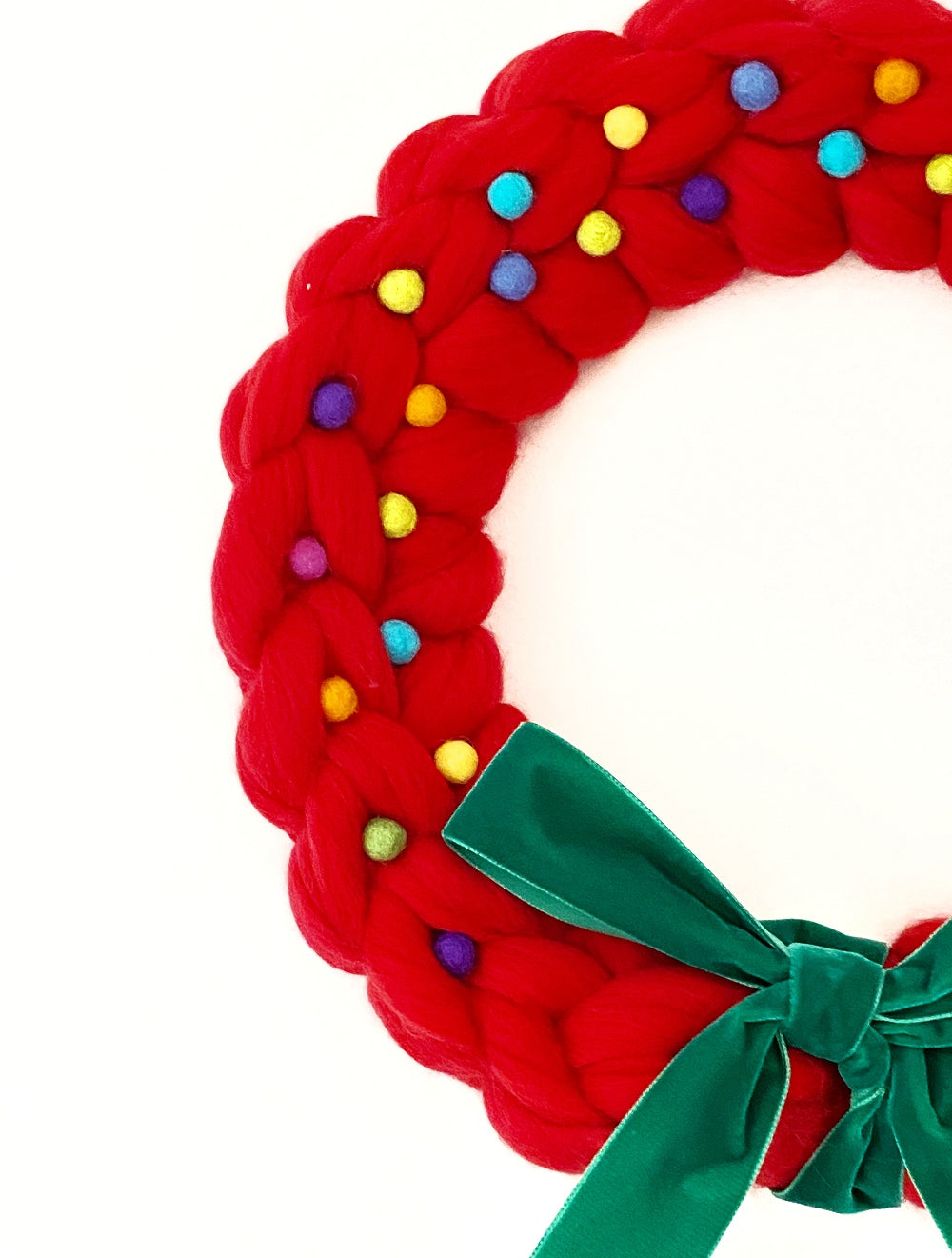 Large Red Wreath with Bright Wool Balls