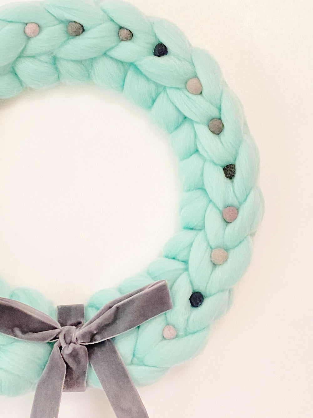 Large Turquoise Wreath with Grey Wool Balls