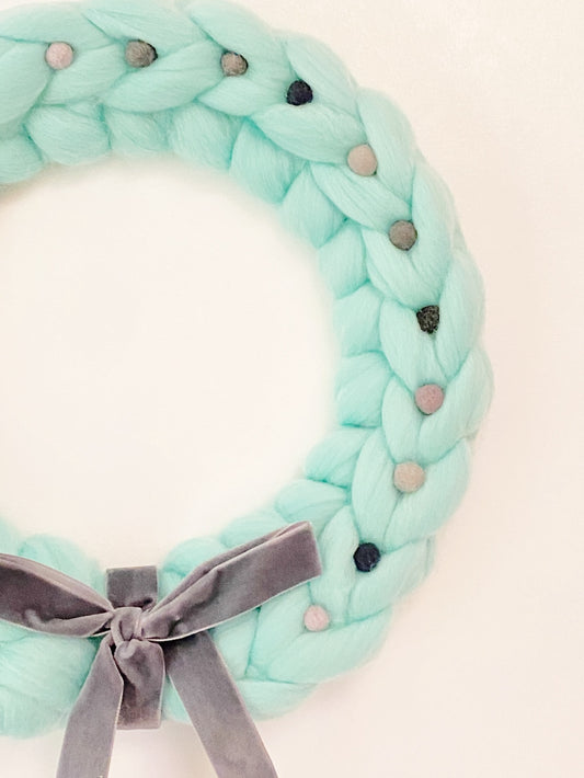 Large Turquoise Wreath with Grey Wool Balls