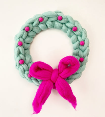 Large Turquoise Wreath with Neon Pink Wool Bow