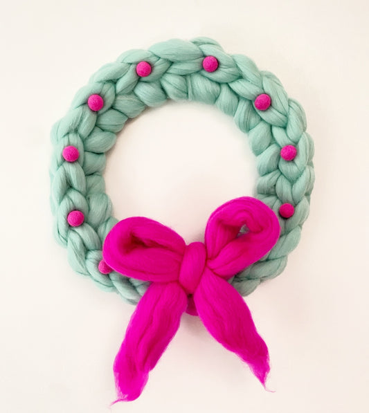 Large Turquoise Wreath with Neon Pink Wool Bow