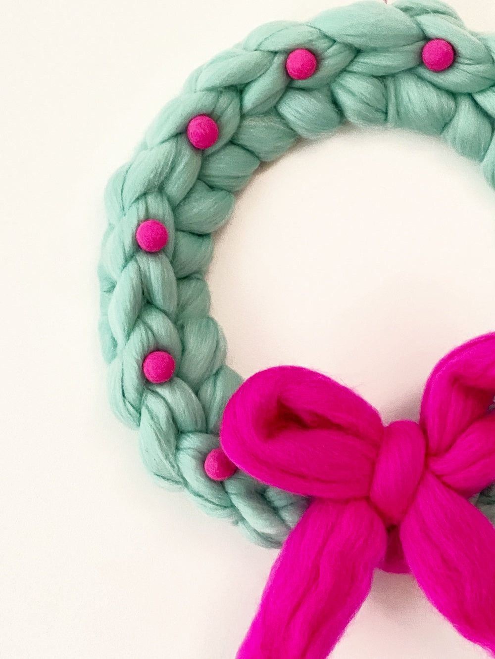 Large Turquoise Wreath with Neon Pink Wool Bow