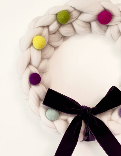 Large Natural Wreath with Bright Wool Balls