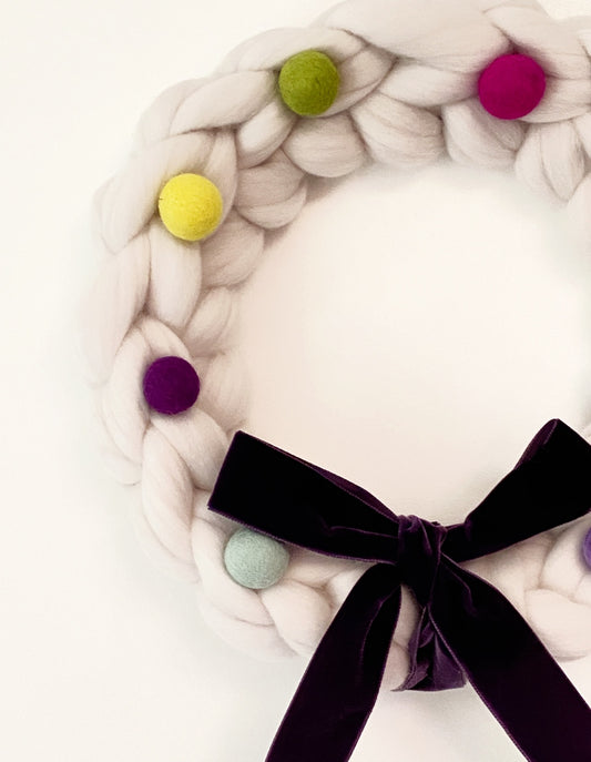 Large Natural Wreath with Bright Wool Balls