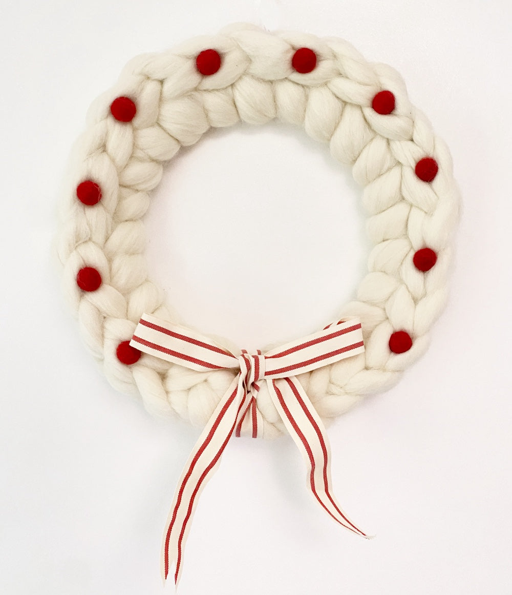Large Natural Wreath with Red Wool Balls